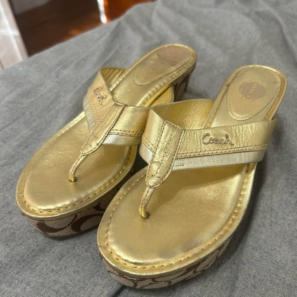 Coach Women's Gold and Tan Wedge Sandals - Picture 2 of 8